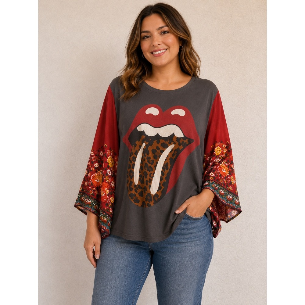 Rolling Stones Upcycled OOAK Floral Kimono Sleeve Boho Top Festival Concert O/S - Picture 1 of 6